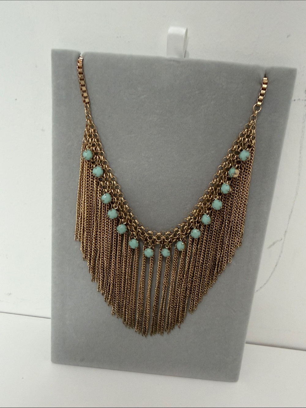 Gold Fringe Necklace with Mint Beads - Women Jewelry